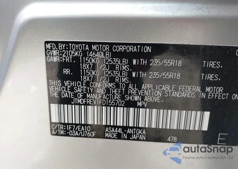 2015 Toyota Rav4 Limited z USA, uszkodzony, nr VIN JTMDFREV1FD155702